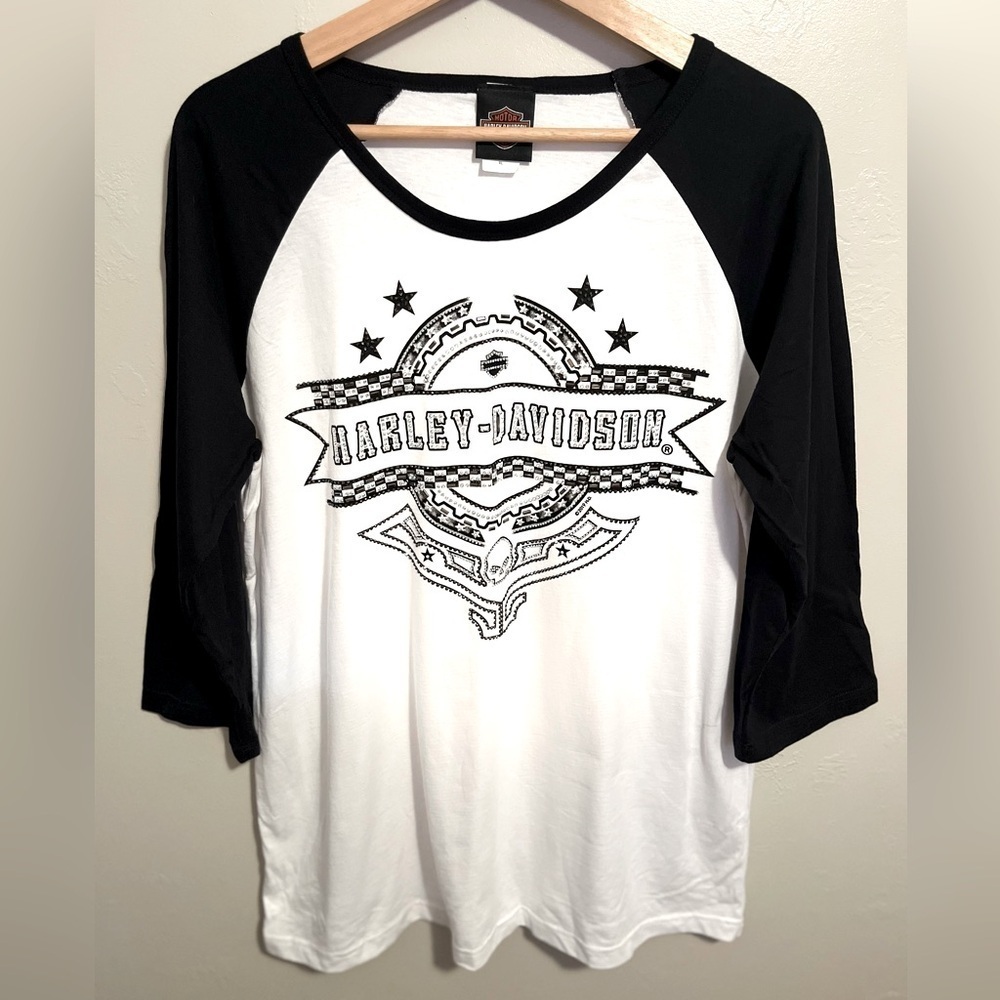 Harley-Davidson® Women's Bling Thunder Dome 3/4 Raglan Sleeve Scoop Neck Top XL - Picture 2 of 13